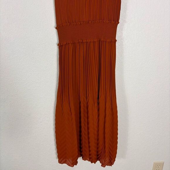 NWT Nanette Lepore Picante Dark Orange Pleated Mock Neck Sleeveless Midi Dress - Picture 6 of 9